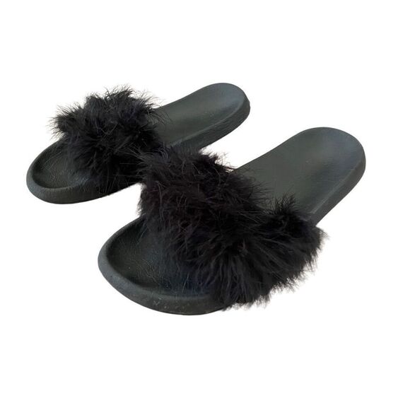 Black Feather Slides Beach Sandals Coastal Summer Lounge - Picture 1 of 8
